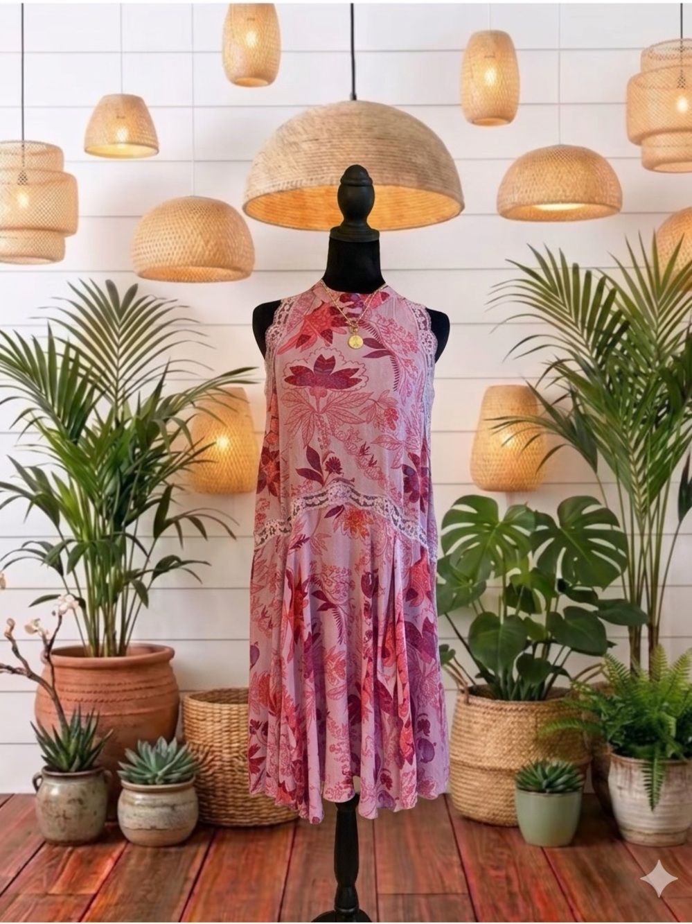 Free People Pink/Lilac Lace Trim Swing Dress